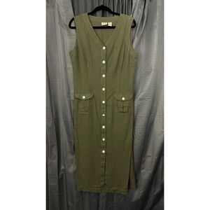 VTG St Johns Bay Linen Blend Canvas Button Front Maxi Dress Women 14 Olive Green